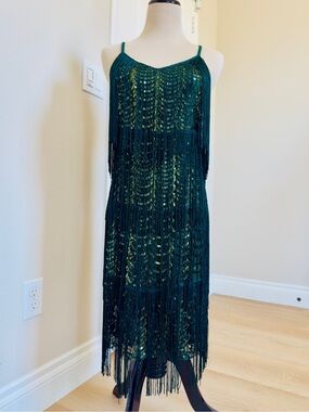 NWT PrettyGuide Green Fringe Sequin Sparkle Midi Dress Flapper 1920’s Size 2